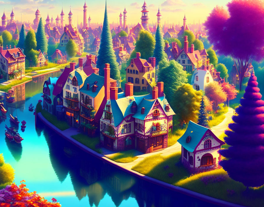 Vibrant fairytale village with whimsical houses, lush greenery, and ornate cast