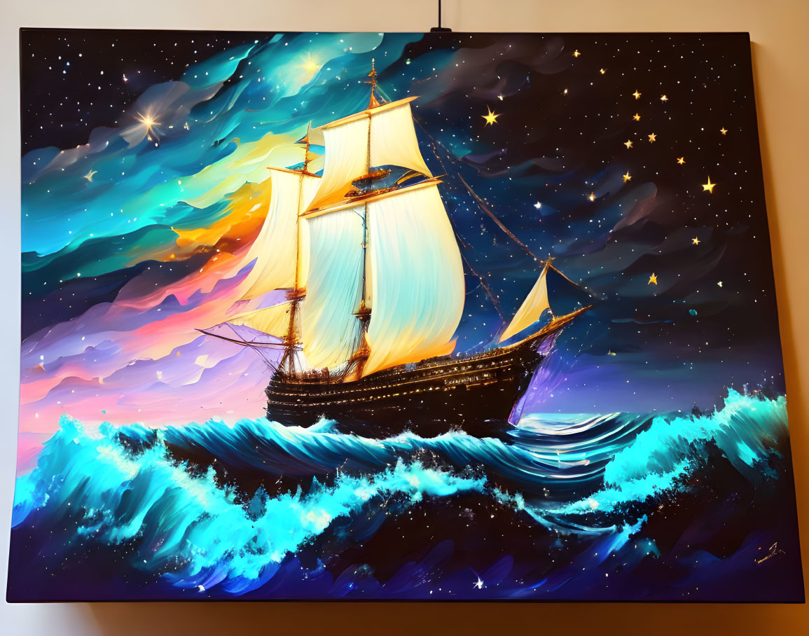 Vibrant painting of sailing ship on tumultuous blue waves under starry night sky