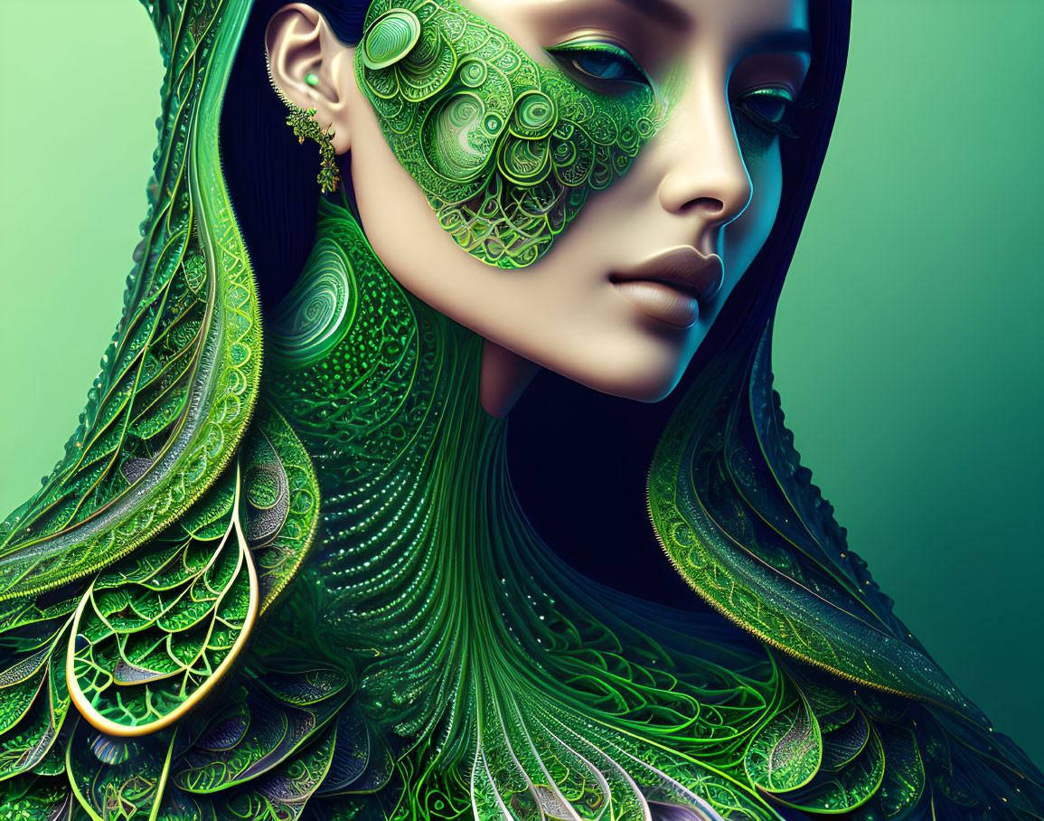 Woman's portrait with peacock-themed makeup and accessories showcasing intricate green and gold details