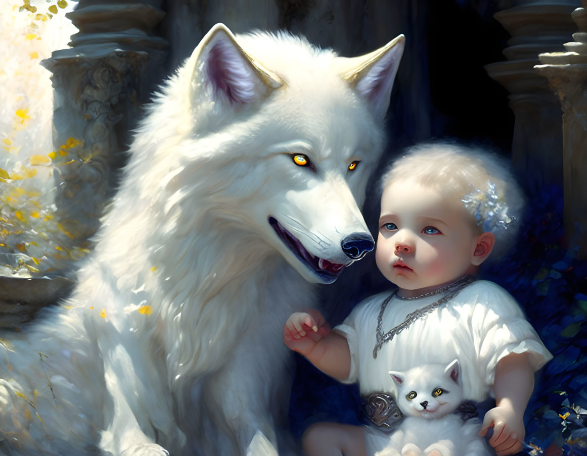 Child with white wolf and kitten in serene, magical illustration