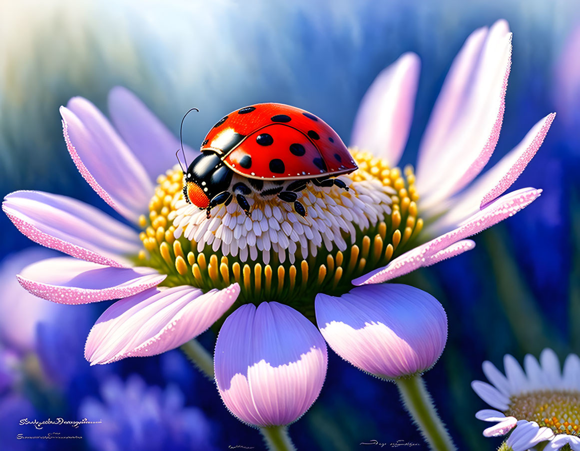 Ladybug on yellow center of purple daisy with soft focus on background flowers