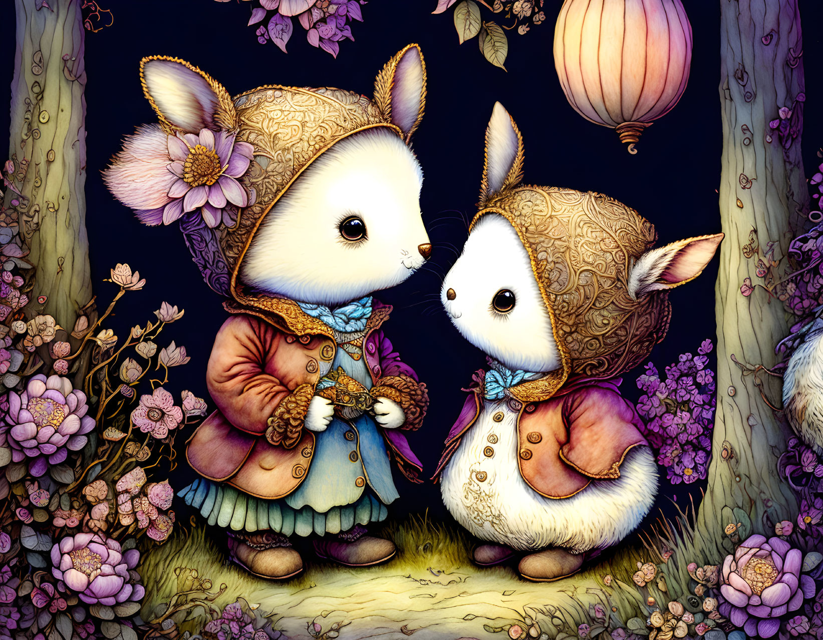 Anthropomorphic mice in vintage attire in whimsical flower setting