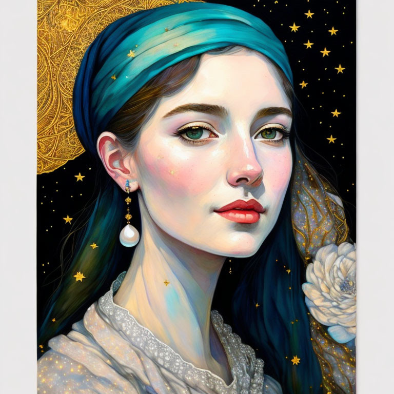 Portrait of woman with teal headscarf, golden patterns, stars, rosy cheeks, pearl e