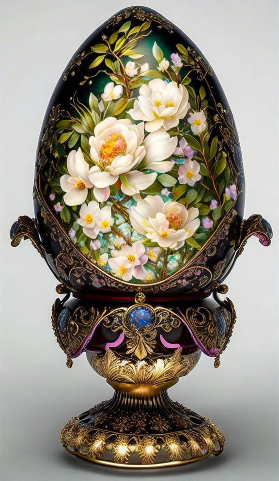 Floral-themed decorative egg with jeweled stand and gold accents