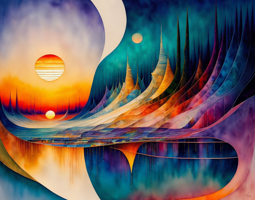 Surreal painting with waves, spiky structures, and sun-like orbs in warm to cool