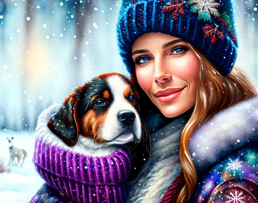 Smiling woman with Bernese Mountain dog puppy in snowy setting