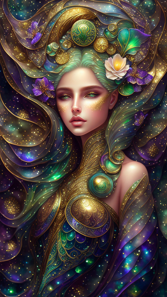 Vibrant cosmic-themed woman illustration in green, purple, and gold