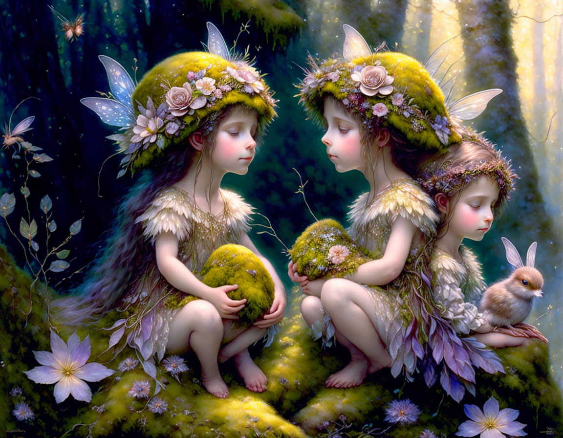 Fairy children with glowing orb and rabbit in mystical forest