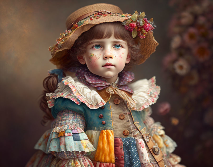 Child in Vintage Clothing with Decorated Hat and Big Eyes in Soft Background