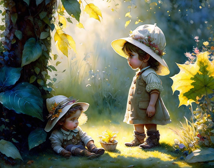 Digital illustration of two children in sunlit forest with whimsical aura and detailed natural elements