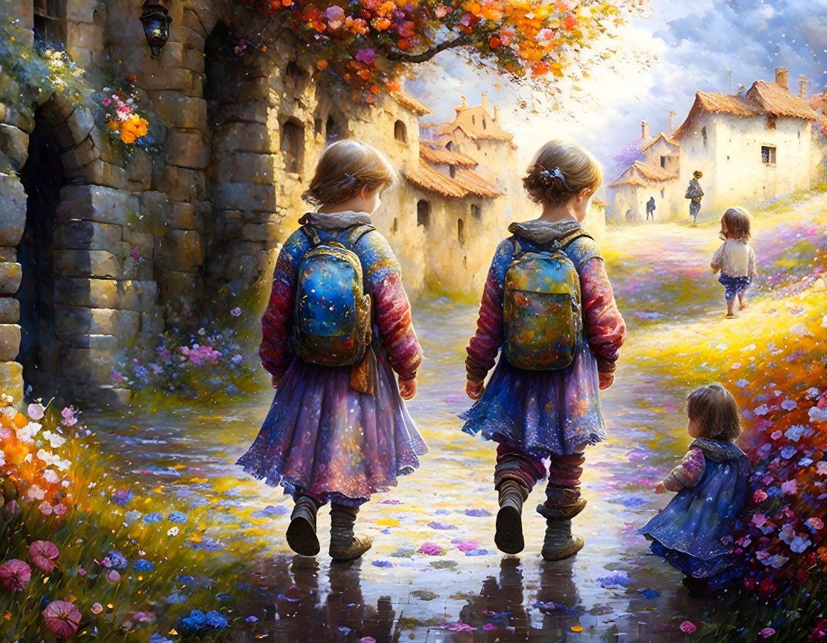 Children walking on flower-lined path to sunny village