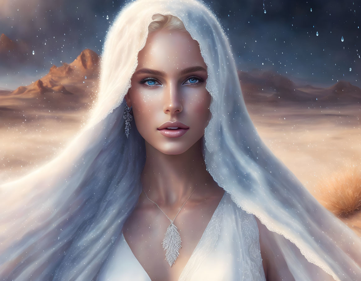 Digital artwork: Woman with blue eyes, blonde hair, white cloak in desert snow scene