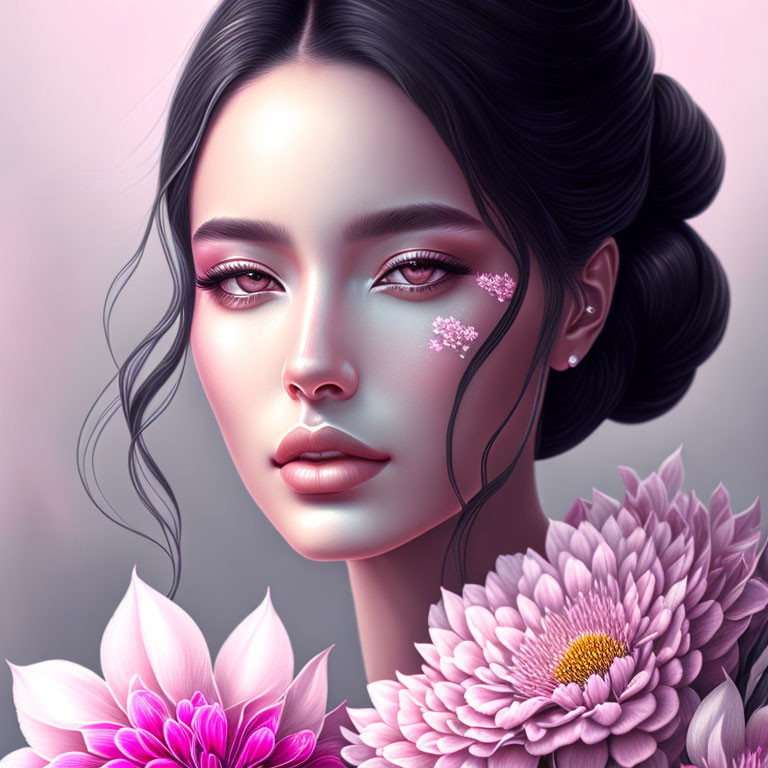 Flawless Skin Woman Portrait with Pink Makeup and Blooming Flowers