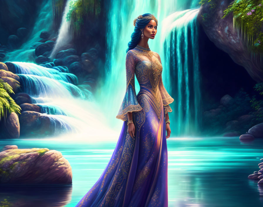 Detailed traditional blue and gold outfit on a woman by mystical waterfall