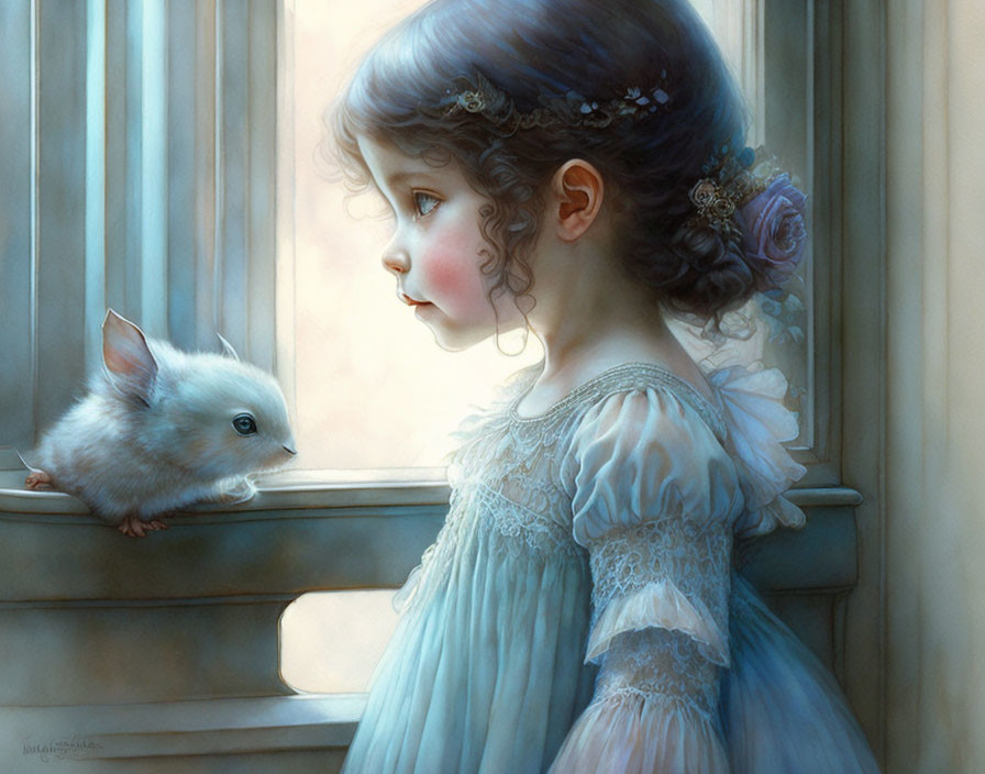 Young girl in blue dress with floral hair adornments gazes at fluffy creature on window sill