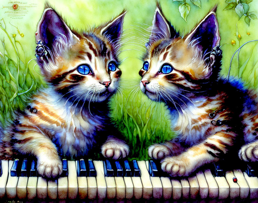 Whimsical Cartoon Kittens on Piano Keyboard in Green Floral Setting