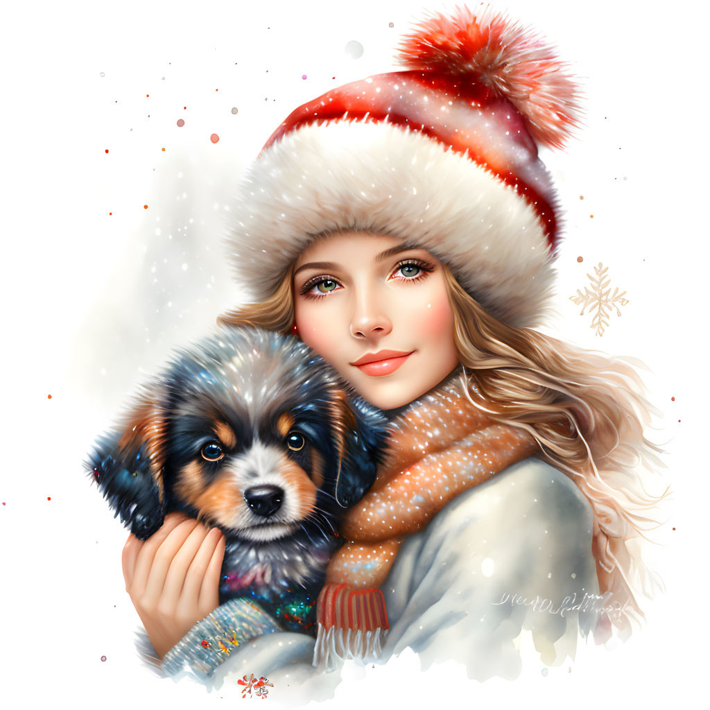 Woman with puppy in winter attire surrounded by snowflakes on light background