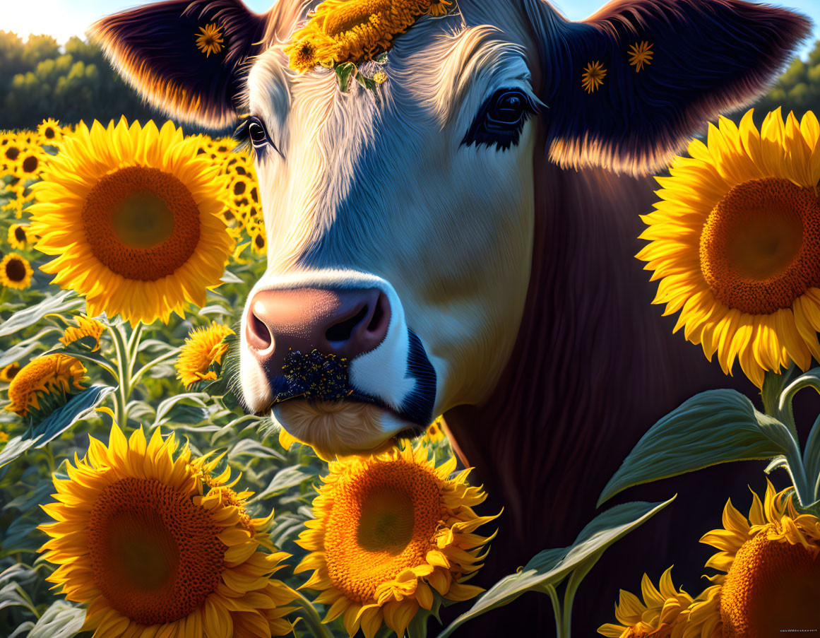 Vibrant cow illustration with sunflowers and petals.