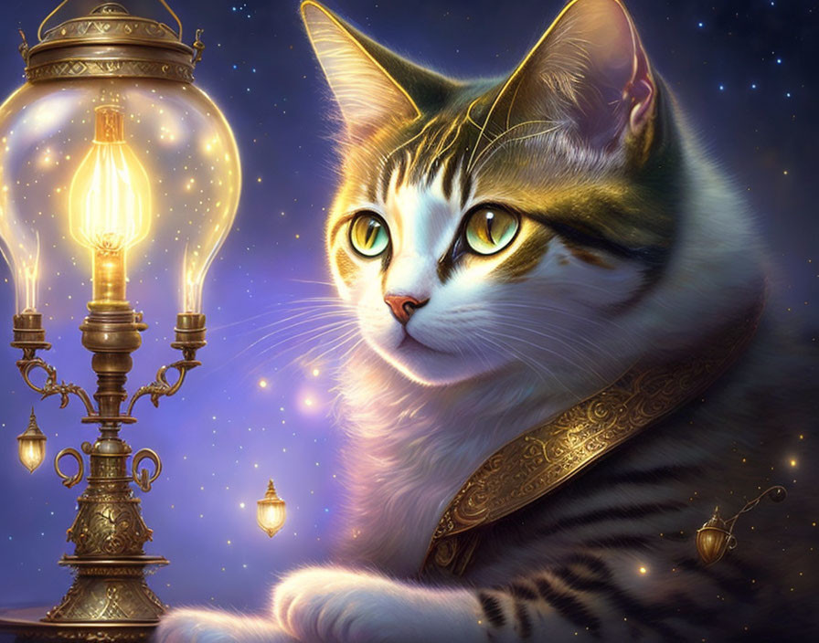 Elegant cat with expressive eyes next to antique lamp in starry sky