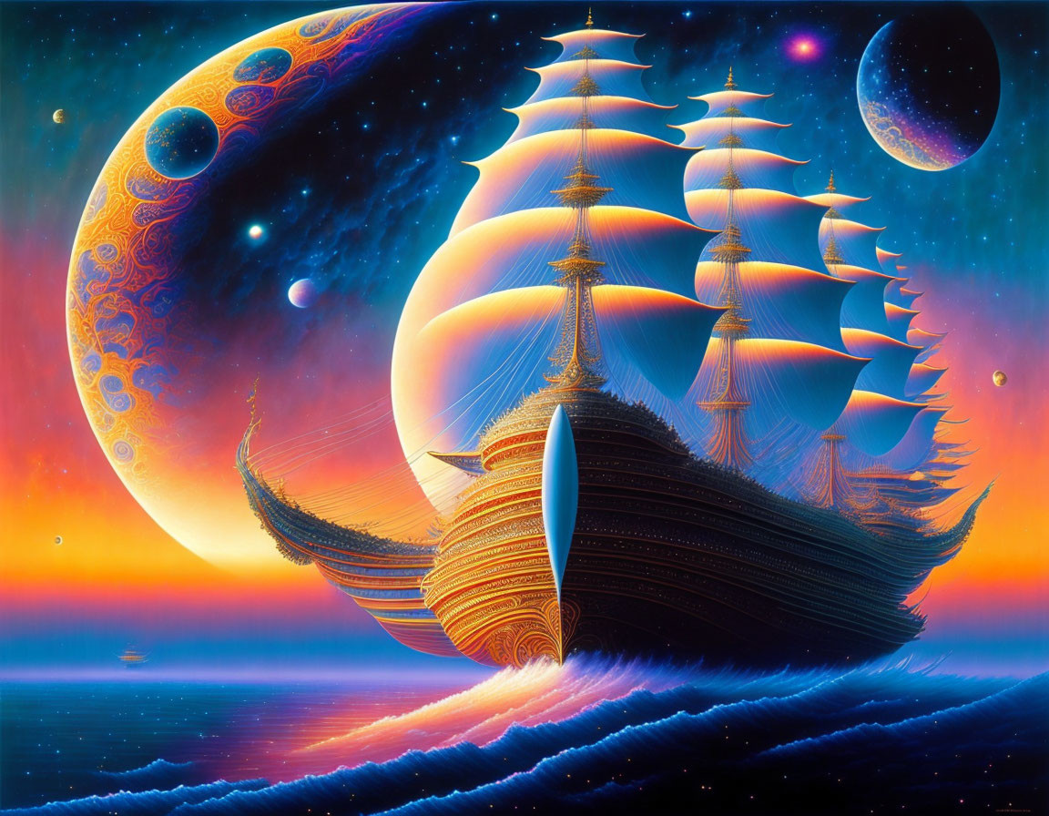 Fantastical ship with elaborate sails in cosmic seas