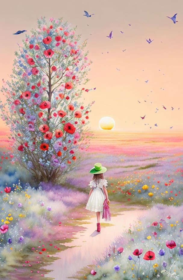 Girl in White Dress Walking to Blooming Tree in Colorful Field