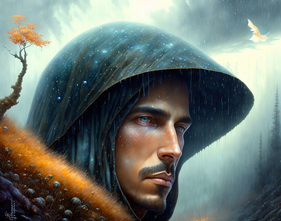 Digital artwork: Man in hooded cloak with blue eyes in rain, orange tree & butterfly.