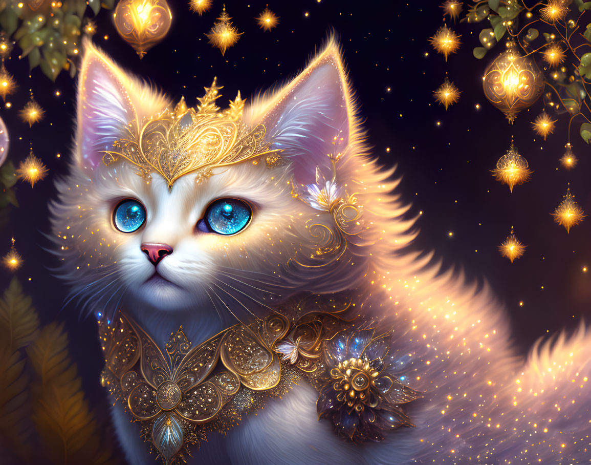 Fluffy white cat with golden jewelry and crown in a magical setting