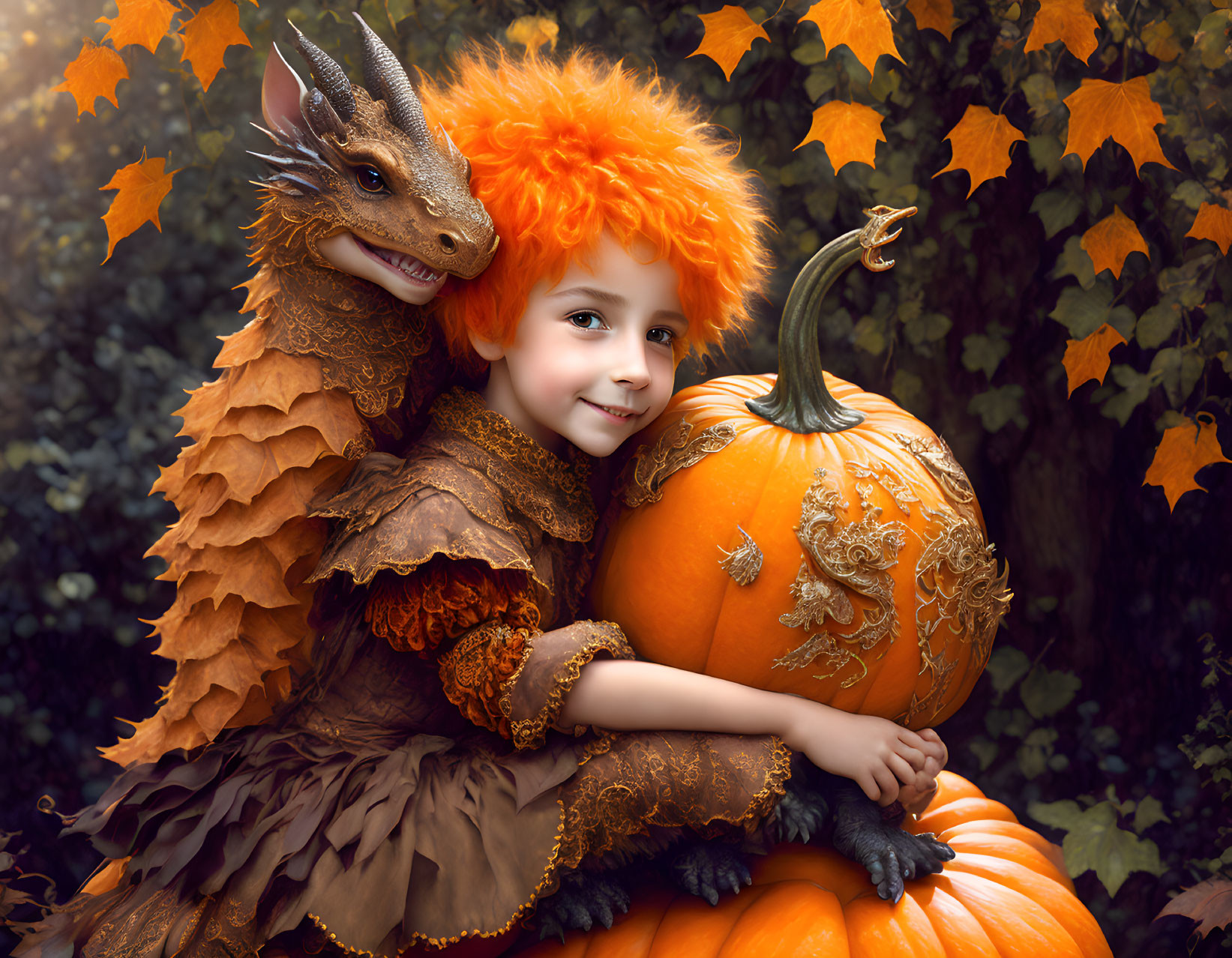 Child in Dragon Costume Hugging Pumpkin Surrounded by Autumn Leaves