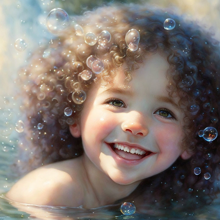 Happy child with curly hair surrounded by shimmering bubbles smiling brightly