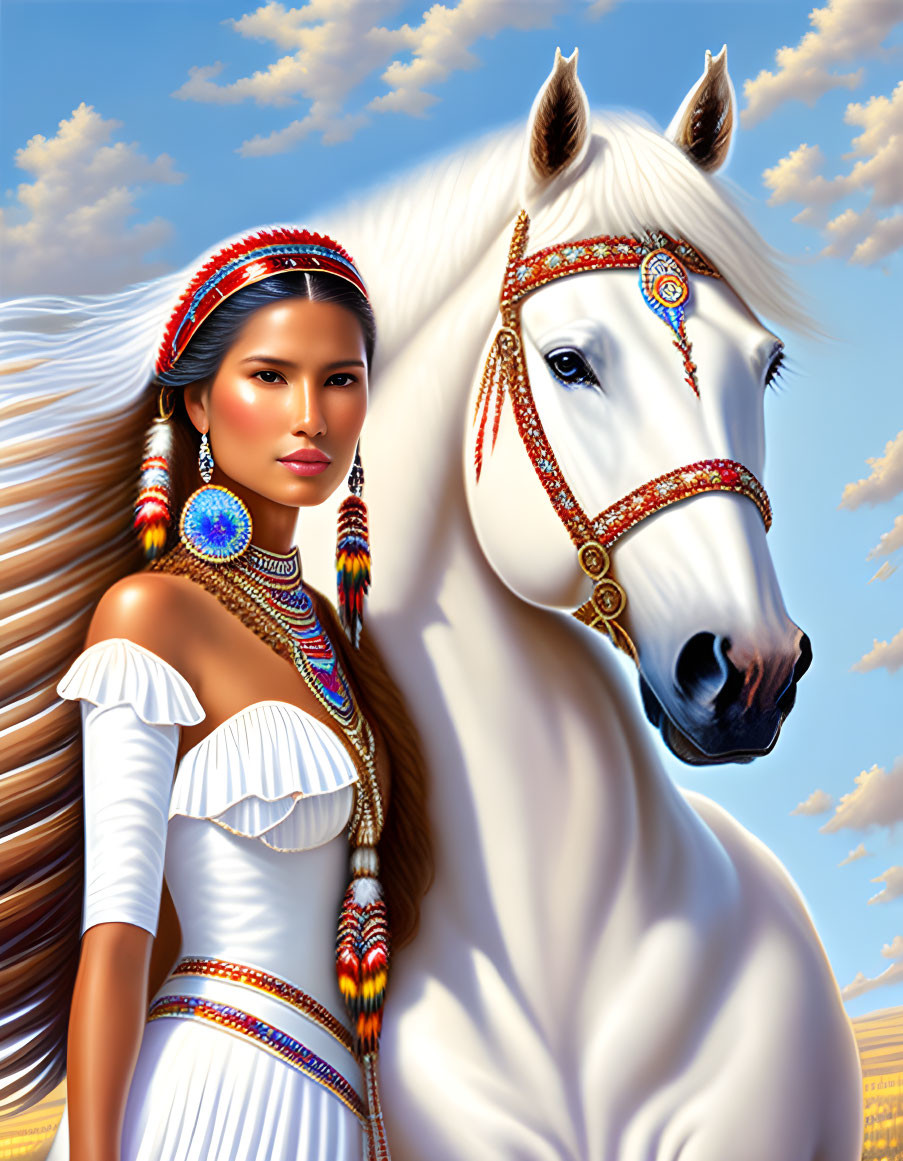 Woman in white with Native American-style beadwork beside a white horse under blue sky