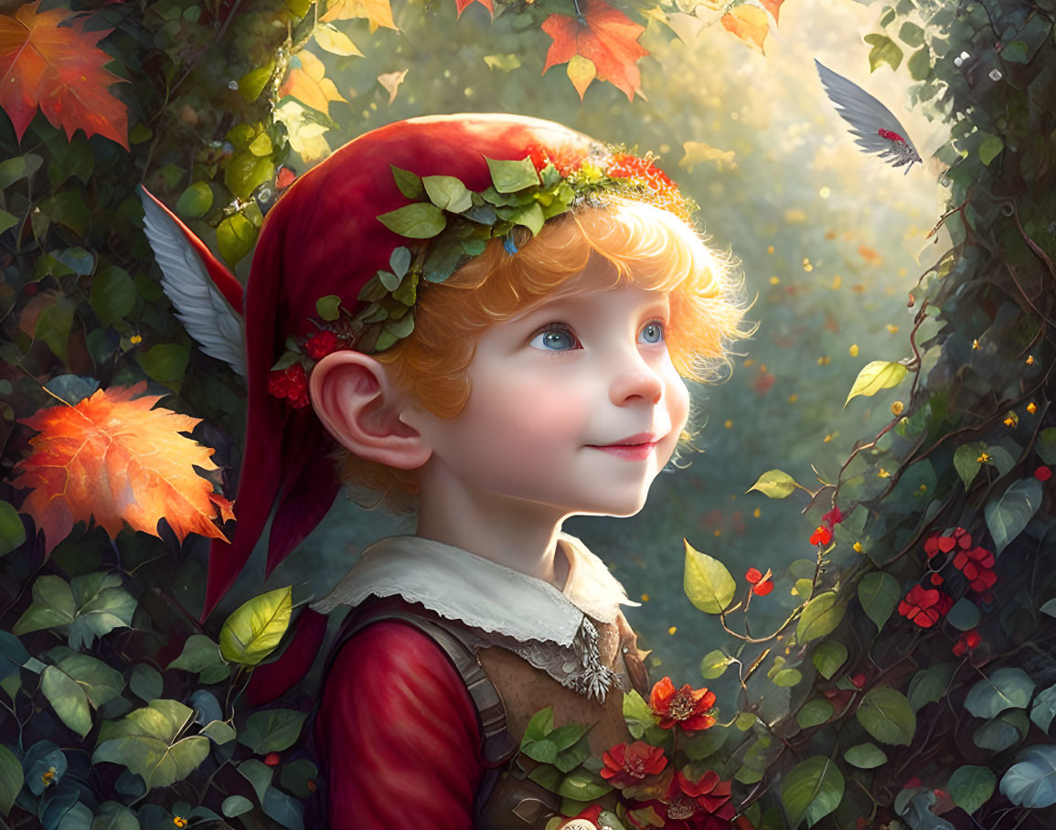 Whimsical child in red cap with pointed ears among vibrant foliage