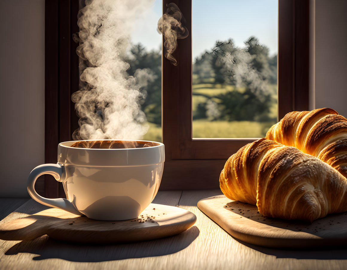 Steaming Cup of Coffee and Croissants on Wooden Windowsill