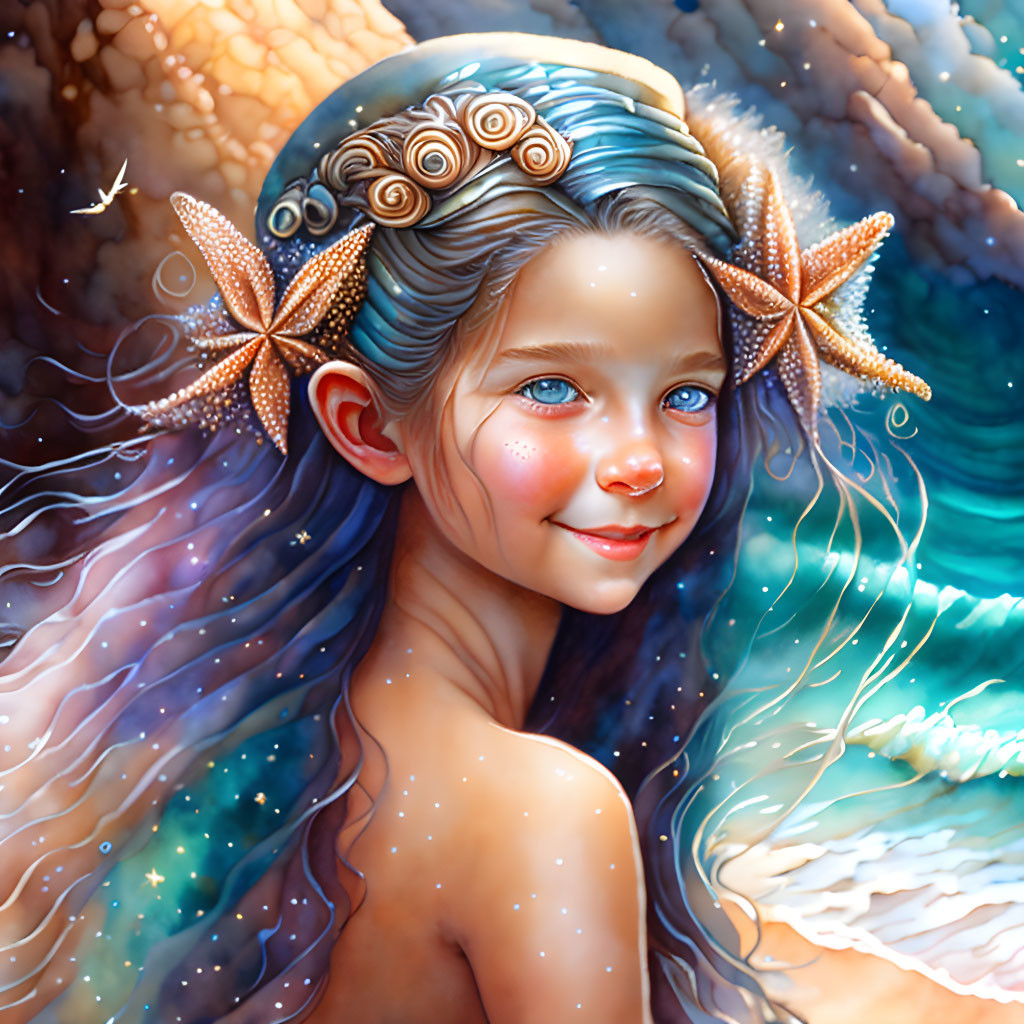 Illustration of young girl with blue hair in magical underwater scene