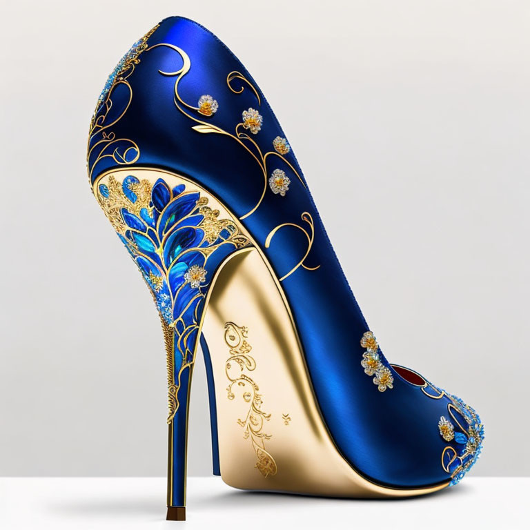 Elaborate Gold Embellished Blue Satin High-Heeled Shoe