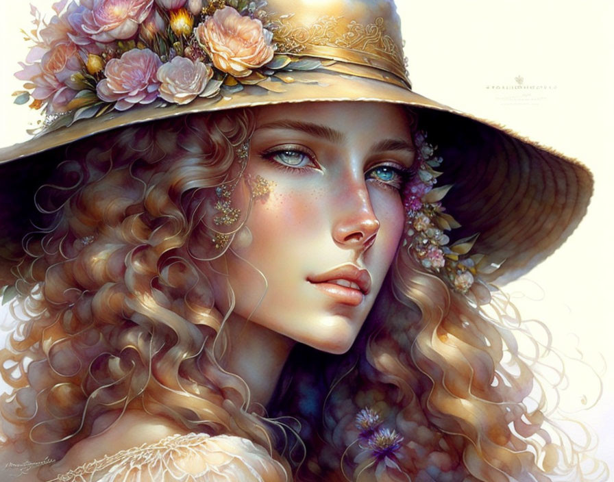 Detailed portrait of woman with curly hair in wide-brimmed hat and floral adornments.