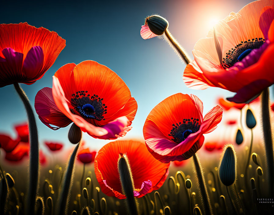 Bright Red Poppy Flowers in Warm Sunset with Lens Flares and Blue Sky