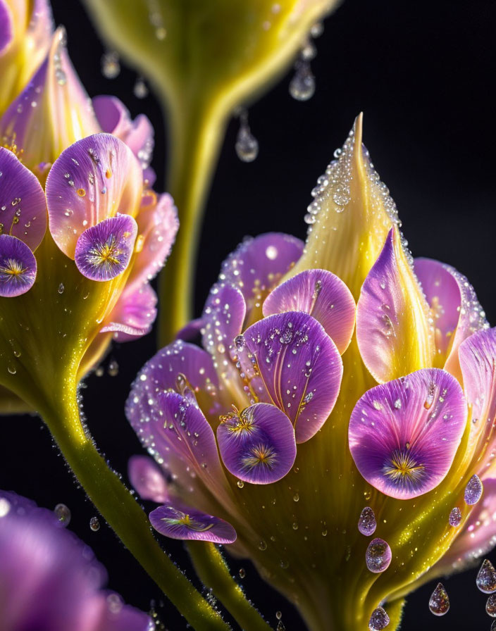 Colorful Purple and Yellow Flowers with Dewdrops on Dark Background