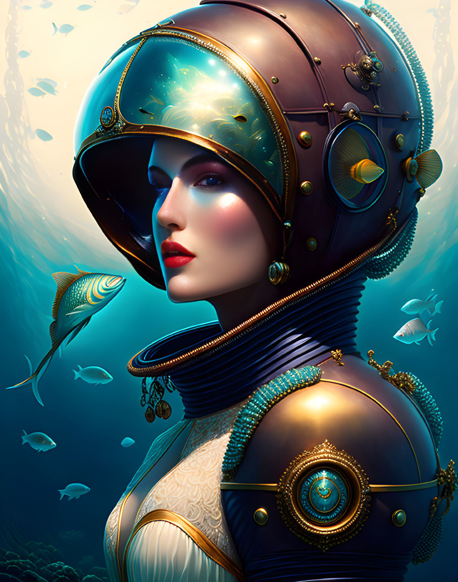 Illustration of woman in deep-sea diving helmet with fish in fantasy theme