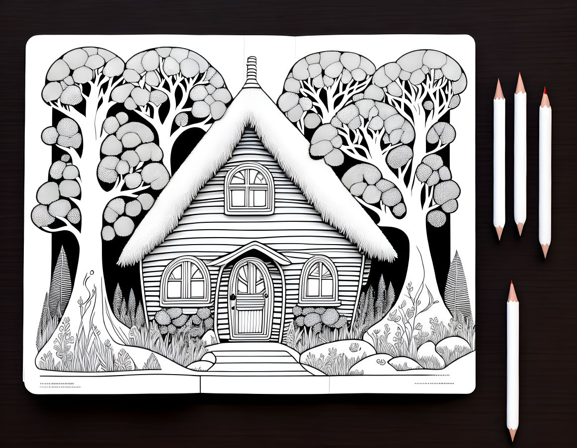 Coloring Book: Quaint House in Forest with Three Pencils