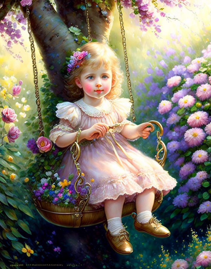 Vibrant flower-filled painting of young girl on swing