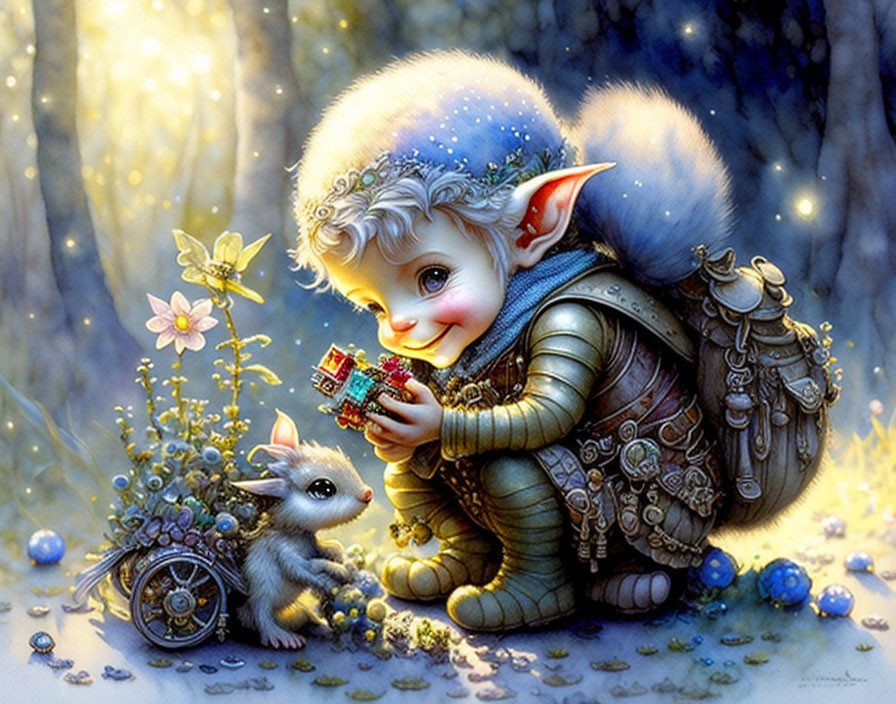 Illustration of smiling elf presenting jewel to rabbit in magical forest