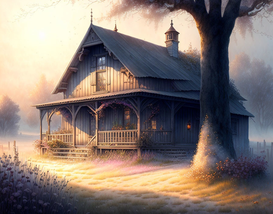 Tranquil two-story wooden house in misty meadow at dawn