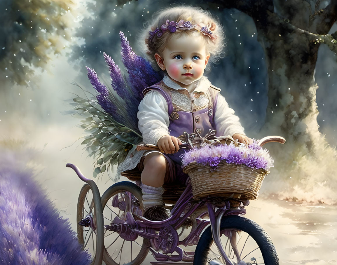 Toddler with fairy wings on tricycle in whimsical forest with lavender flowers