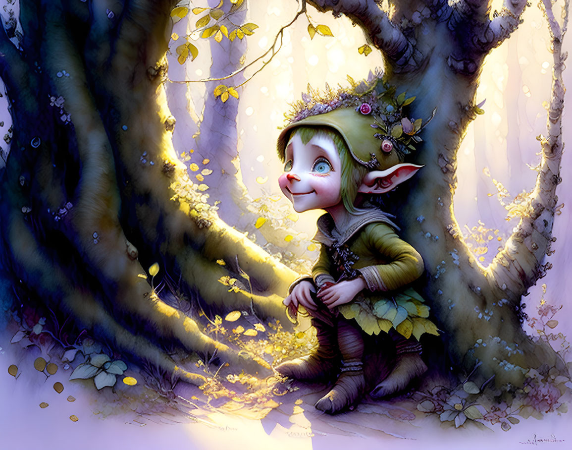 Smiling elf in green cloak among golden-lit forest