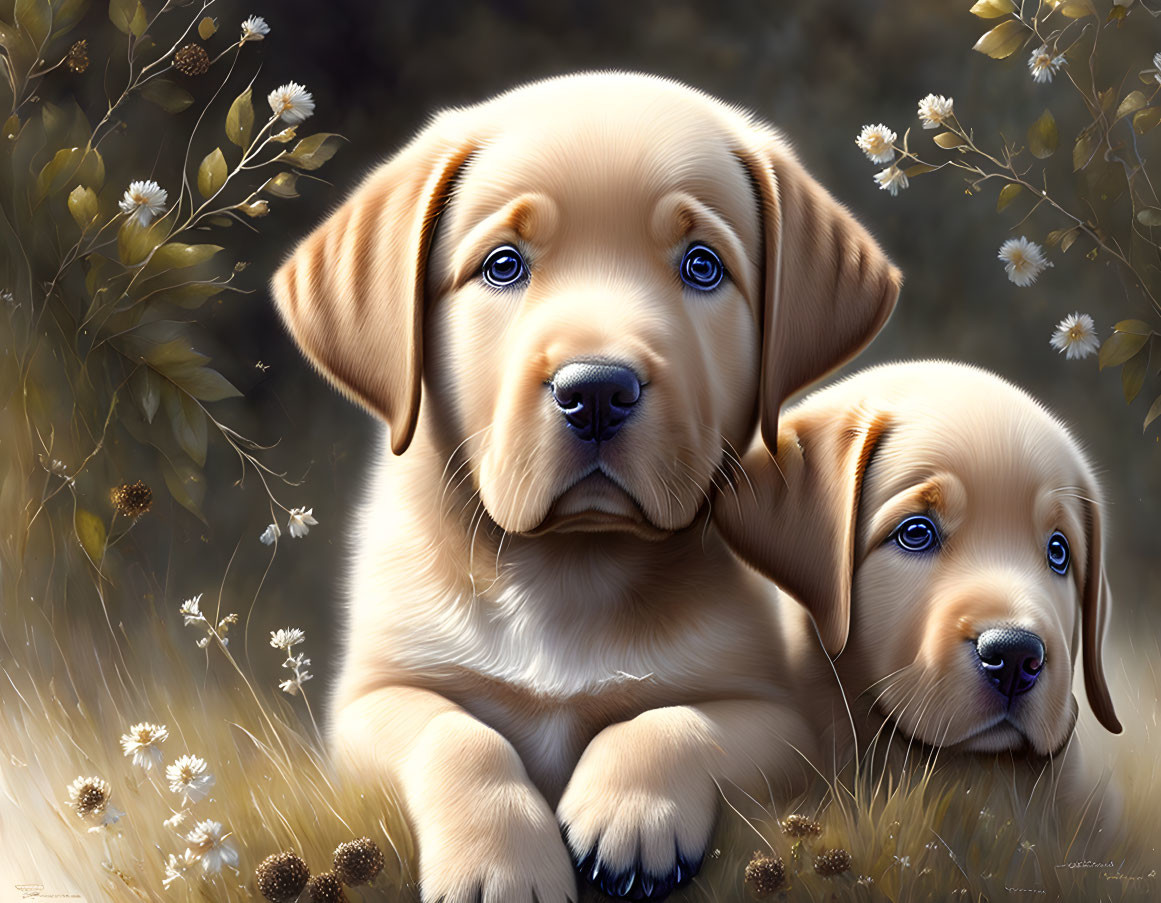 Labrador puppies in wildflowers with curious expressions & blue eyes