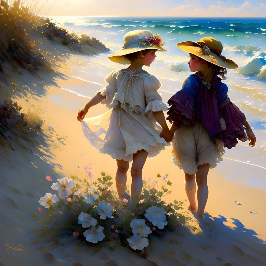 Vintage-dressed girls stroll on sunny beach with blooming flowers