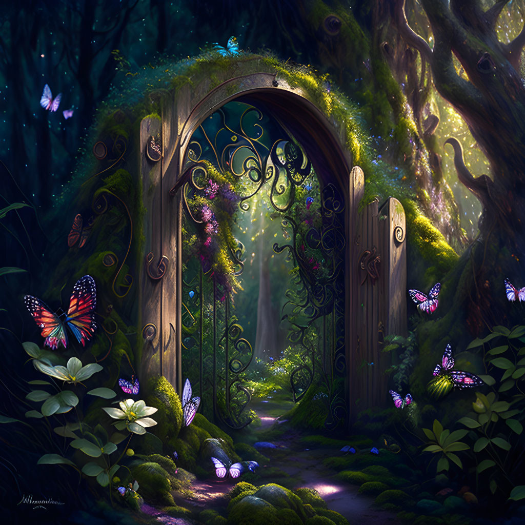 Enchanting forest scene with ornate gate, butterflies, glowing flowers & mysterious path