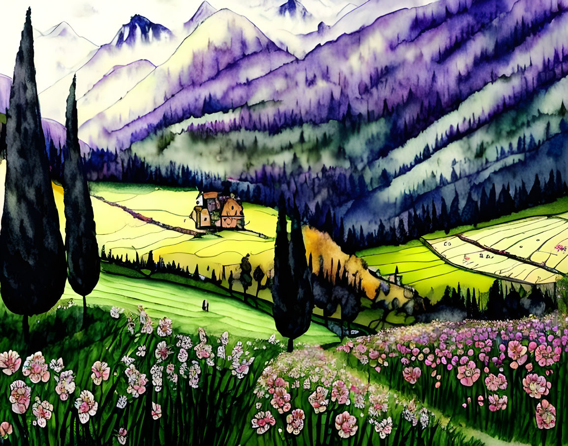 Vibrant illustrated landscape: valley, fields, flowers, houses, purple mountains