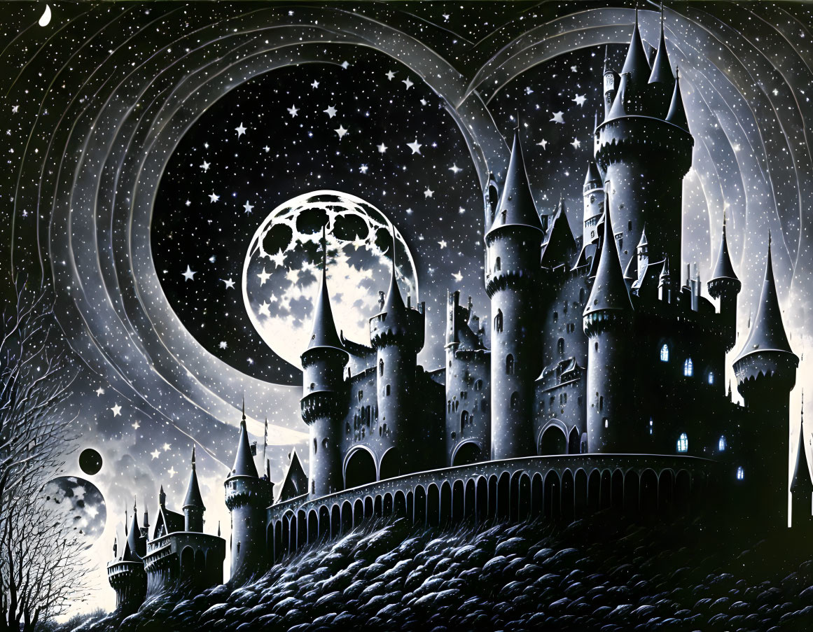 Fantasy castle night scene with stars, moon, and celestial patterns