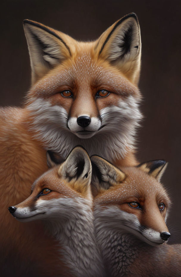 Realistic painting of three foxes with detailed fur and varying sizes.